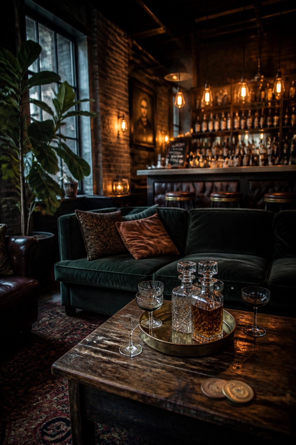 A dimly lit lounge with a dark green velvet sofa, a wooden coffee table holding a brass tray with crystal decanters and glasses, and a bar area with shelves of bottles in the background.