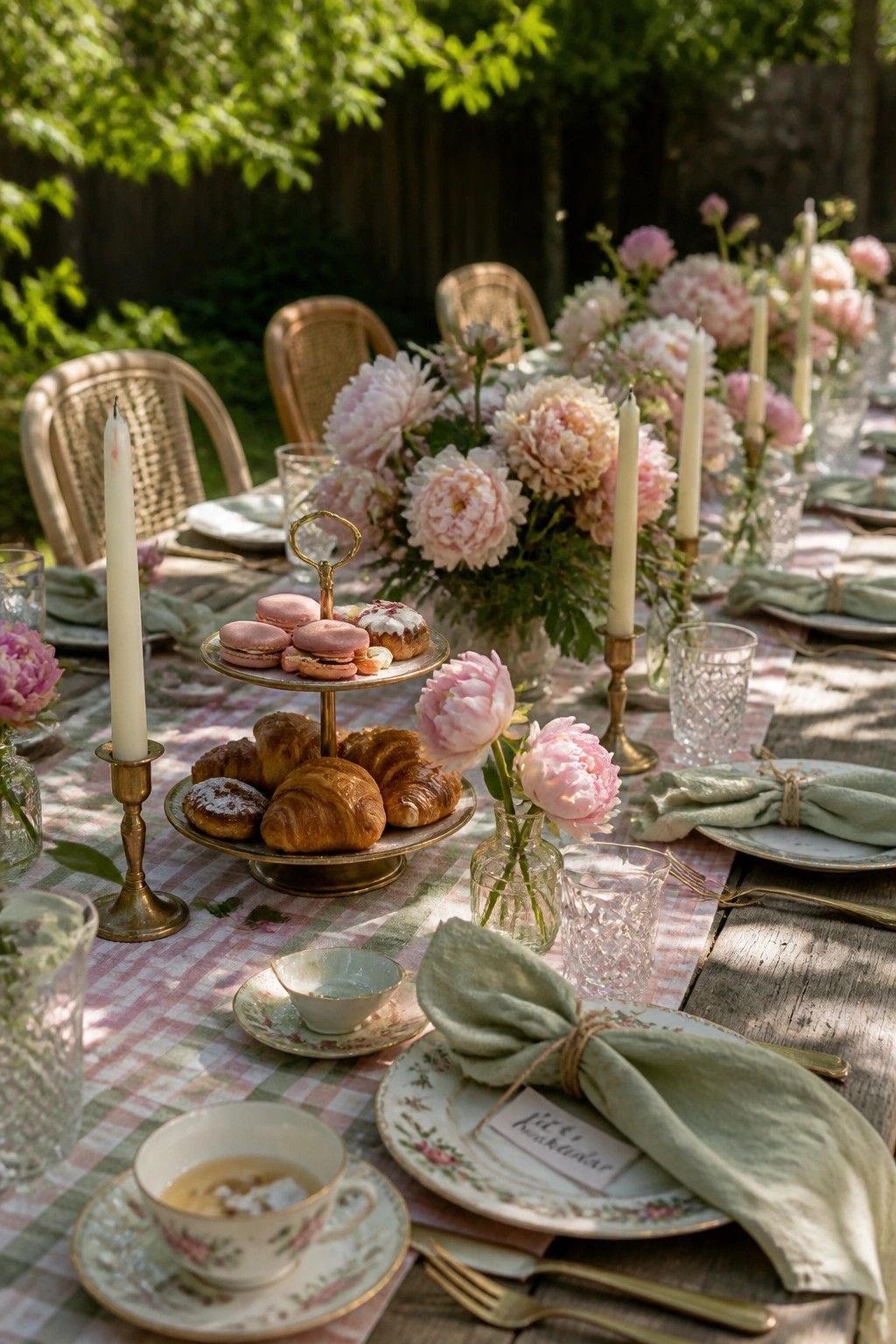 A long outdoor dining table with a pink gingham cloth, fresh peonies, candles, and a gold tiered stand holding croissants and macarons.
