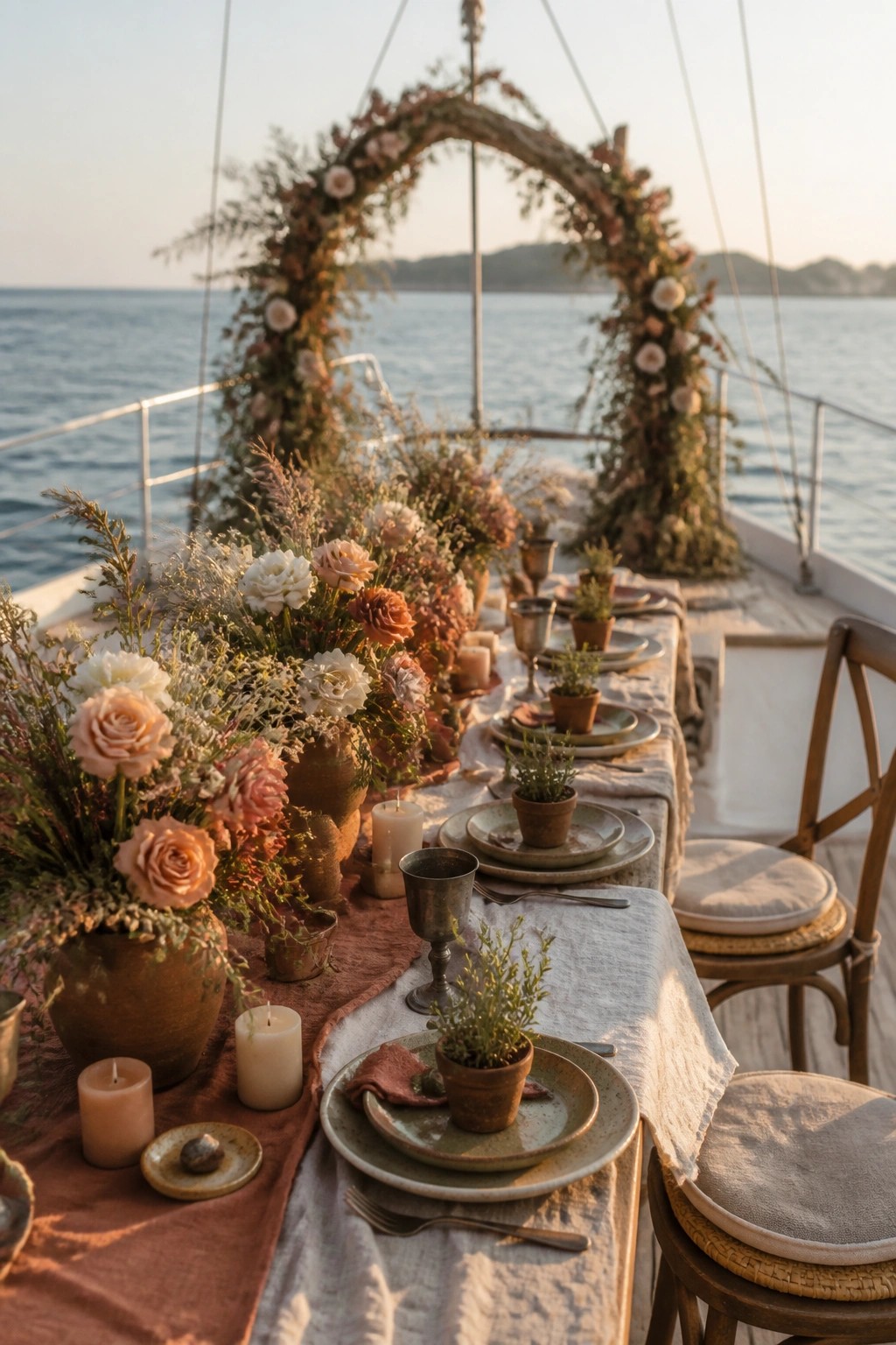 A long table set for dinner on a boat deck with a large floral arch overhead, flowers in terracotta pots, candles, and plates arranged along the table facing the water.