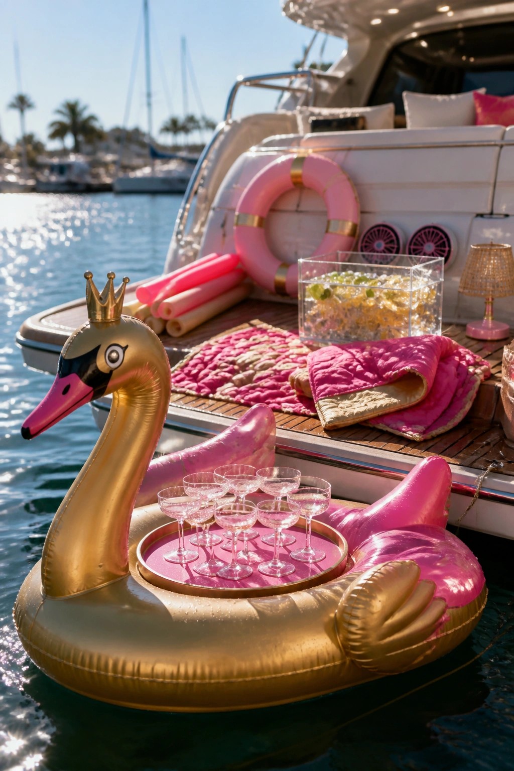 Gold-pink swan float with champagne glasses beside yacht's pink life ring