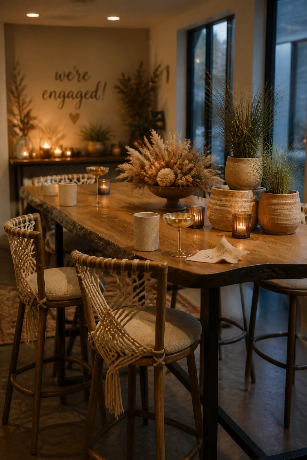 A long wooden table with macrame bar stools, a large bowl of dried flowers, several potted grasses, candles, and glasses set for an engagement party.