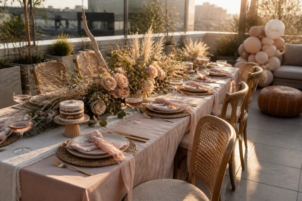 A long outdoor table dressed in blush pink linens with matching napkins, white plates, gold flatware, floral arrangements, and small white cakes on a rooftop at sunset.