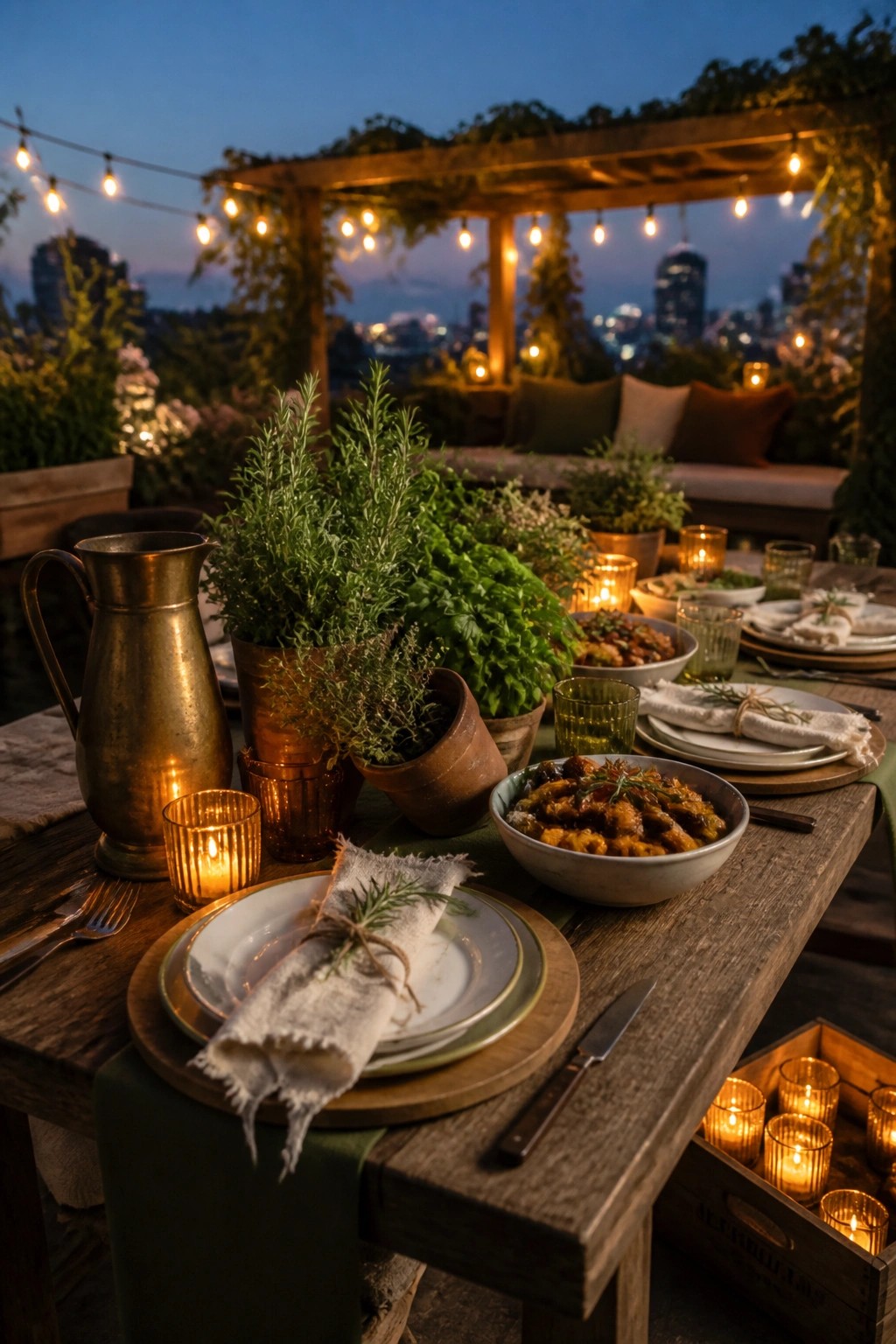 A wooden table set for dinner outdoors with plates, bowls of food, potted herbs, lit candles, and string lights overhead at dusk.