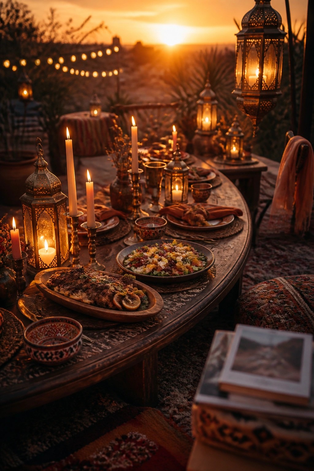 An outdoor wooden table set for dinner with ornate metal lanterns, lit candles, plates of food, and colorful textiles at sunset.