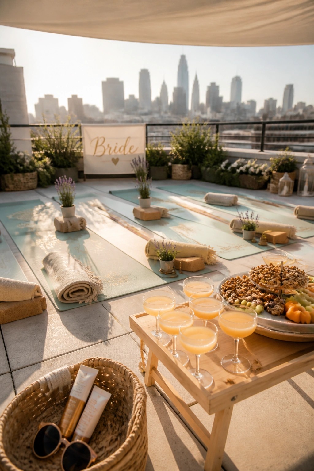 Rooftop terrace with yoga mats arranged in rows, a bride banner, potted plants, and a wooden table holding glasses of orange drinks and snacks against a city skyline.