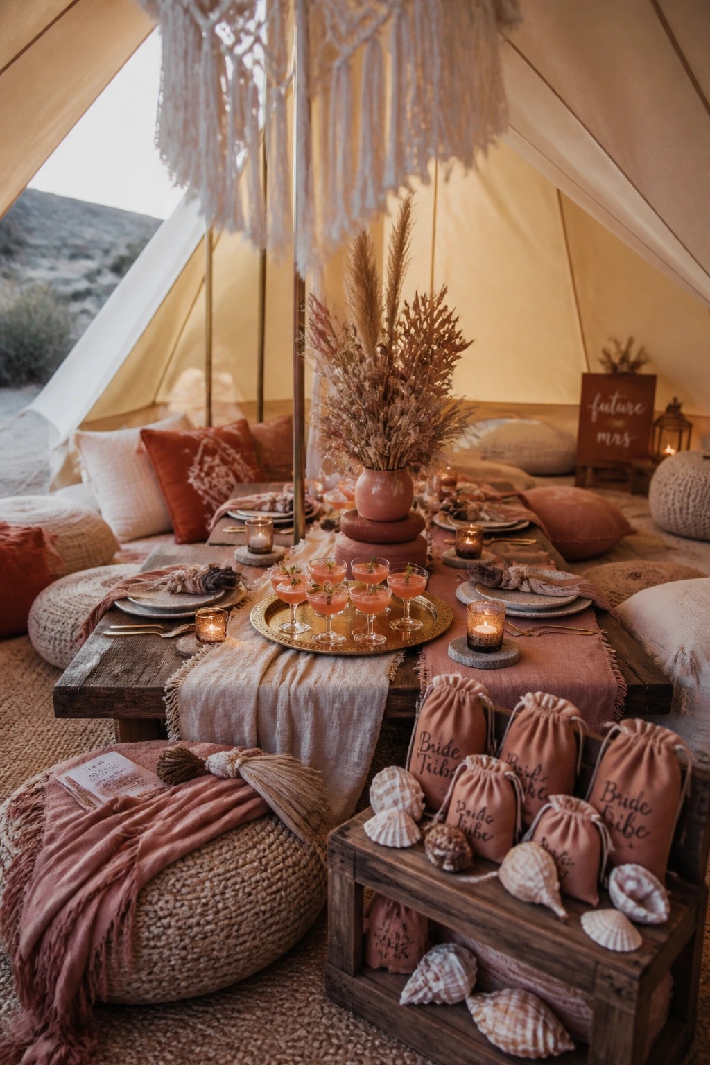 A bohemian bachelorette setup inside a tent with a low wooden table, floor cushions, dried florals, and a wooden crate holding personalized drawstring bags and seashells.