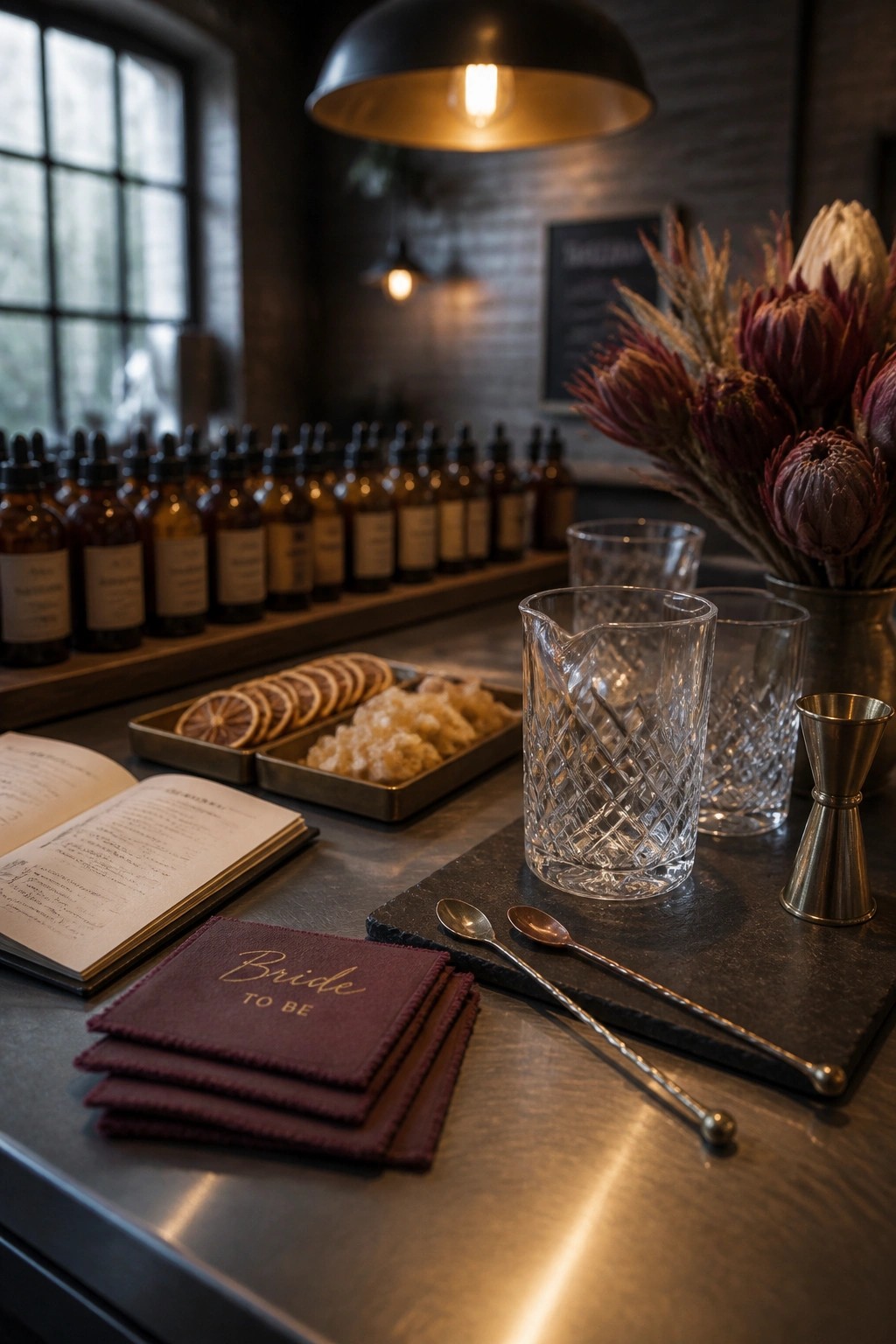 A bar counter holds a crystal mixing pitcher, cut-glass tumblers, long spoons, a metal jigger, trays of dried citrus and snacks, an open notebook, and stacks of burgundy napkins labeled Bride to Be.