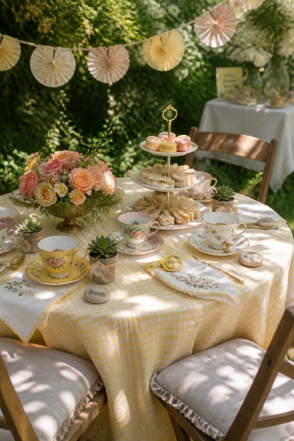 An outdoor round table covered in yellow gingham is set with floral teacups, tiered stands holding sandwiches and macarons, a pink rose centerpiece, and small succulents under trees with paper fans strung overhead.