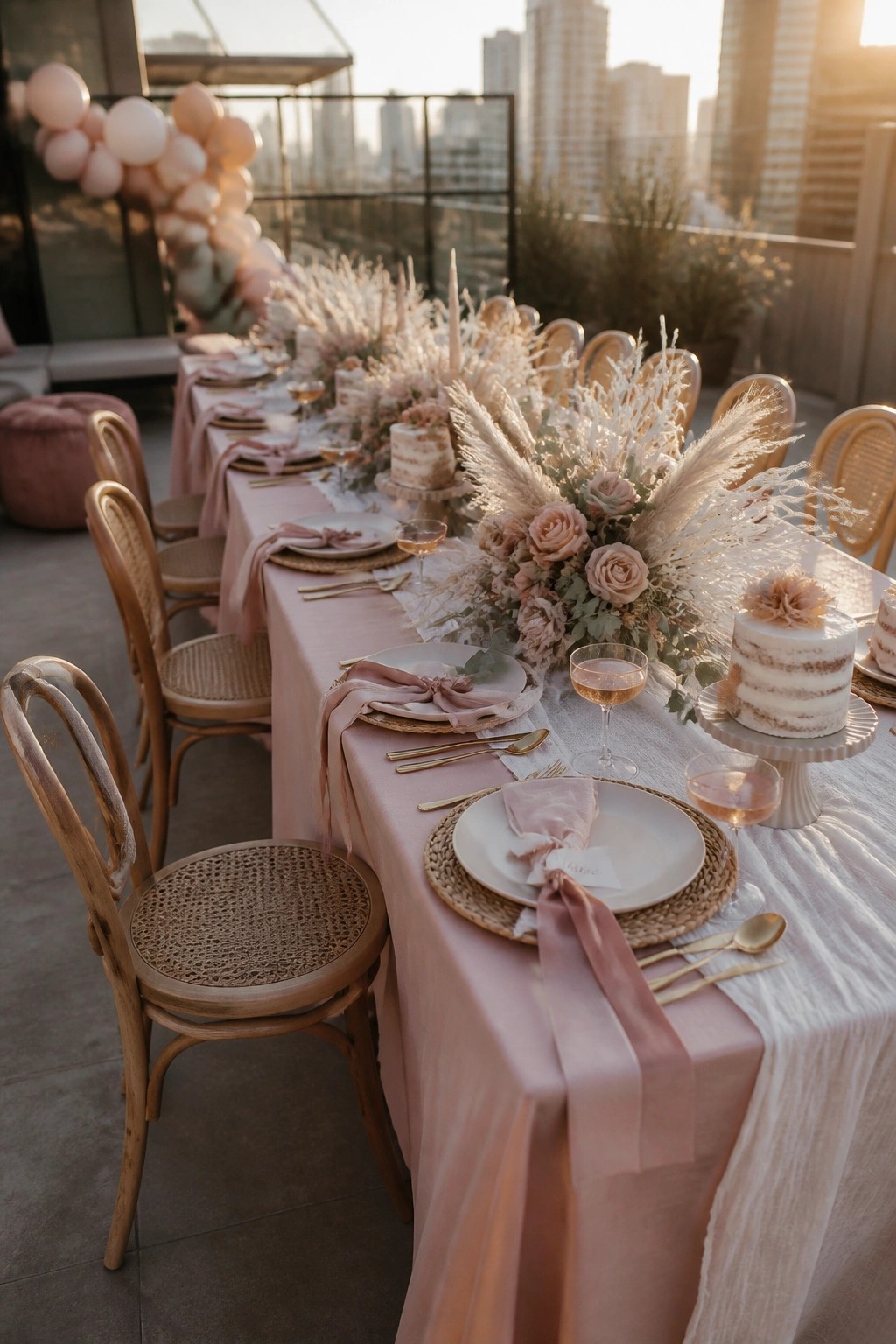 A long outdoor table dressed in blush pink linens with matching napkins, white plates, gold flatware, floral arrangements, and small white cakes on a rooftop at sunset.