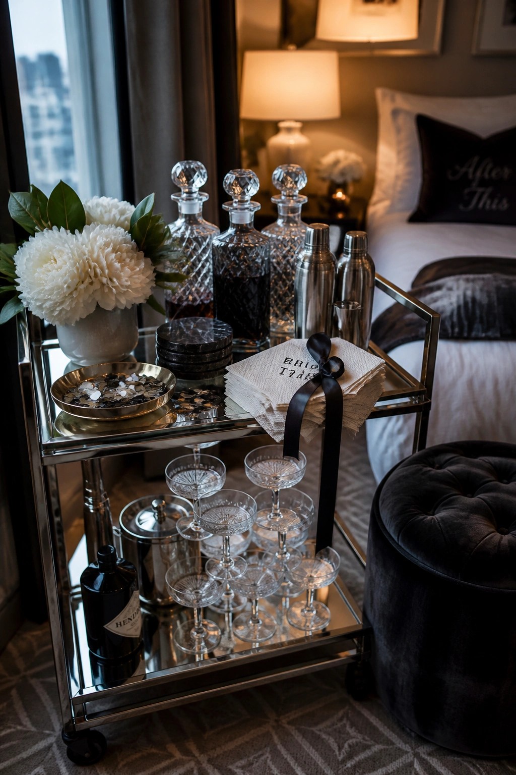 A chrome bar cart holds crystal decanters, coupe glasses, a bottle of gin, white flowers, and stacked napkins in a hotel room beside a bed.
