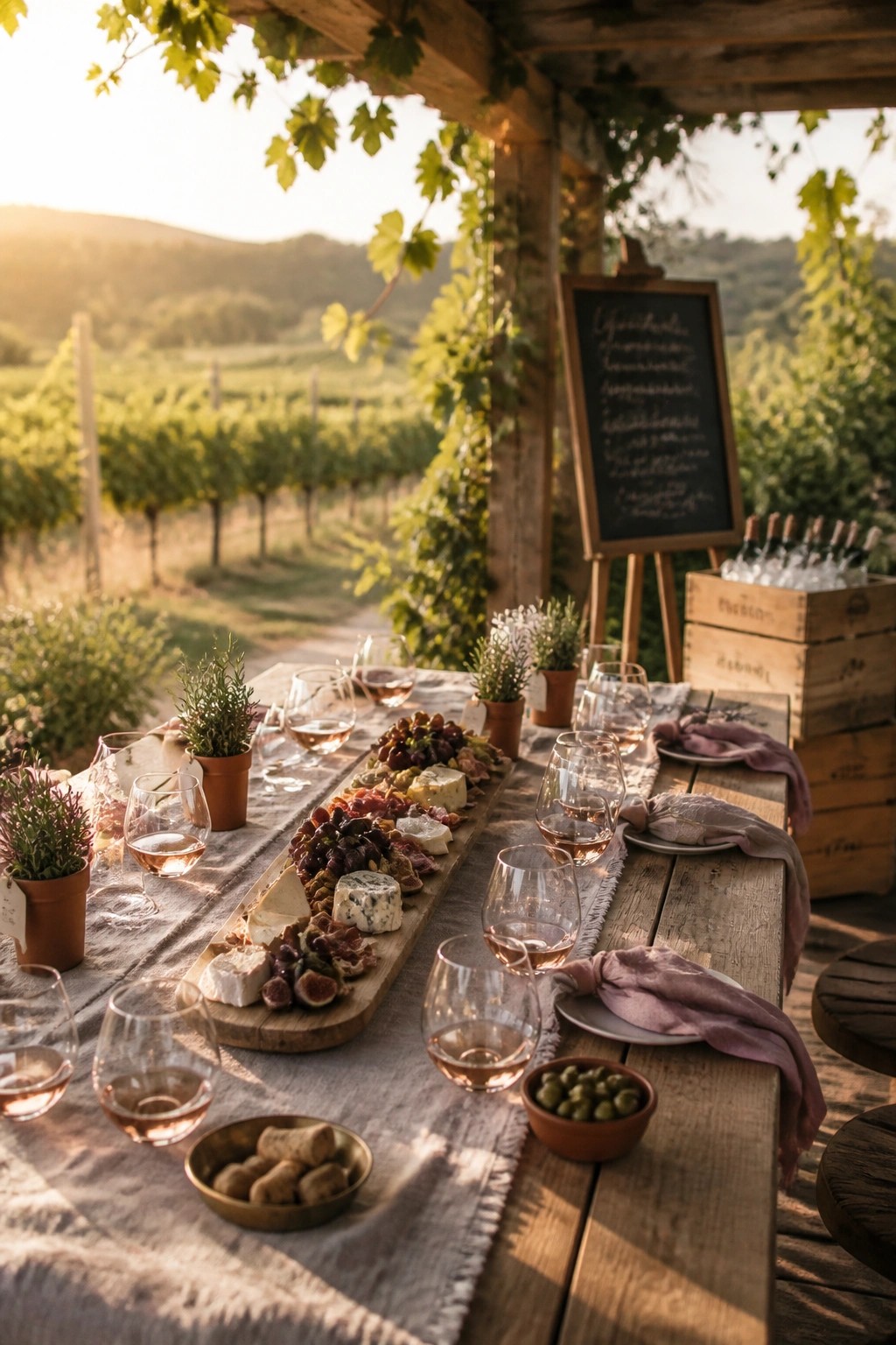Rustic vineyard table with charcuterie board, rosé wine glasses, chalkboard at sunset