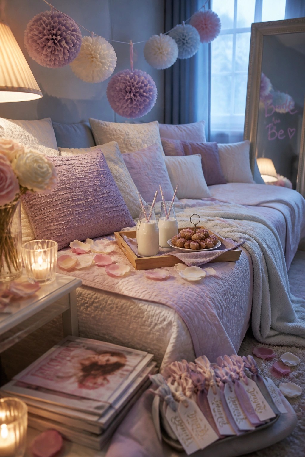 A bedroom bed is styled with pink and purple pillows and blankets, holding a wooden tray with milk bottles and cookies, surrounded by rose petals, with pom-pom garlands and a Bride to Be mirror visible.