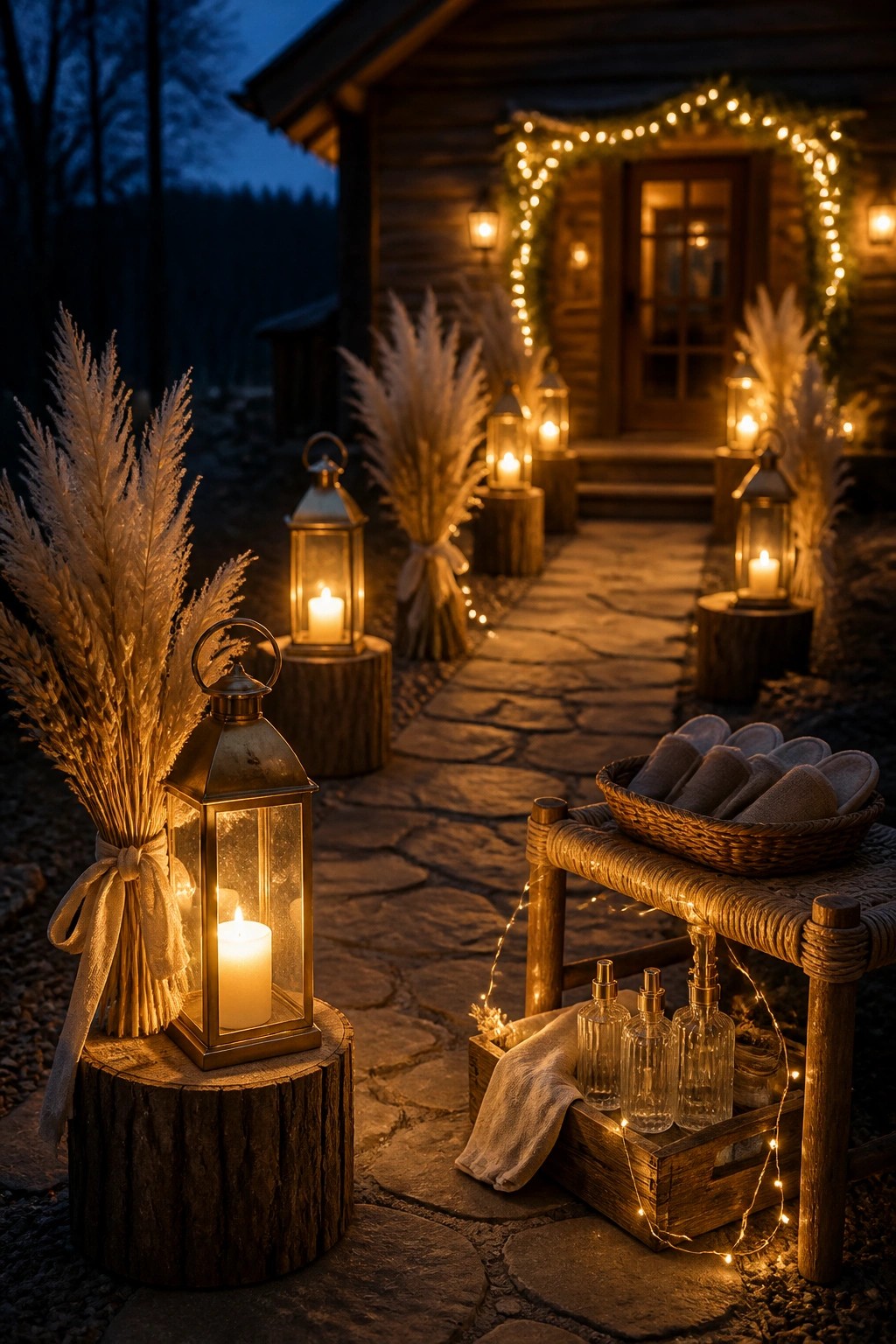 A stone path at dusk lined with glowing lanterns and pampas grass, leading to a wooden cabin with string lights, and a basket of slippers on a bench in the foreground.
