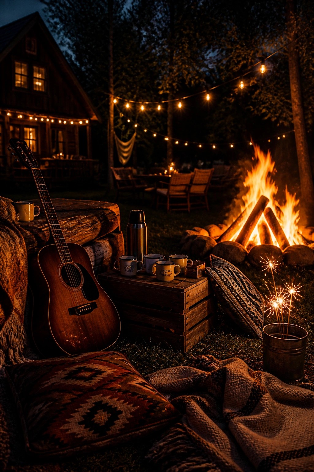 A nighttime outdoor scene shows a bonfire with string lights overhead, an acoustic guitar on logs, blankets, pillows, and mugs arranged on a wooden crate near a cabin.