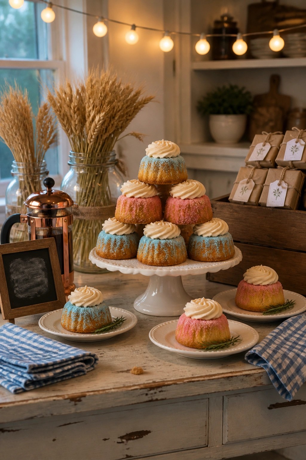 A white tiered stand displaying small pink and blue bundt cakes on a rustic wooden table.