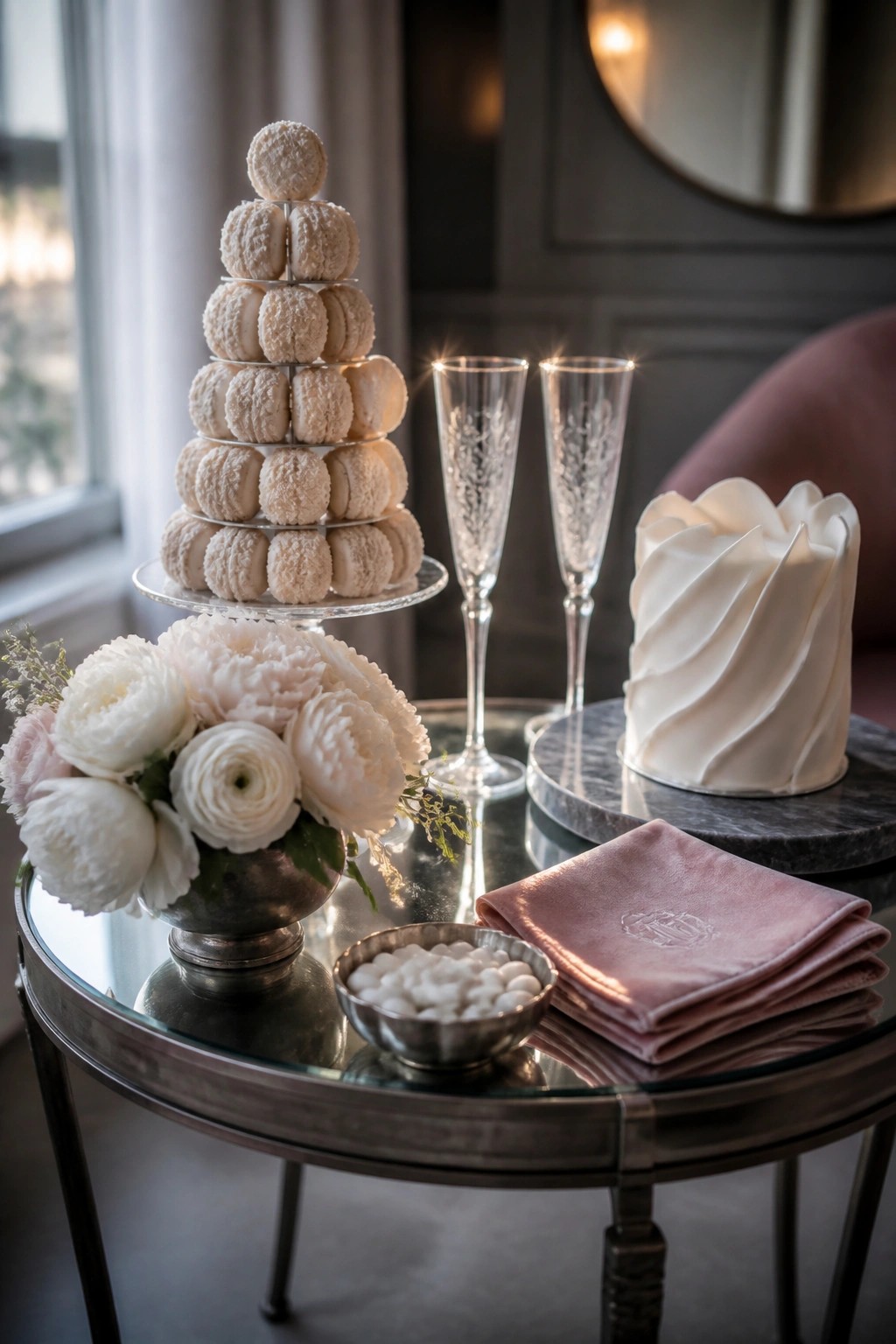 Elegant table with macaron tower, white cake, champagne flutes, and pink florals.