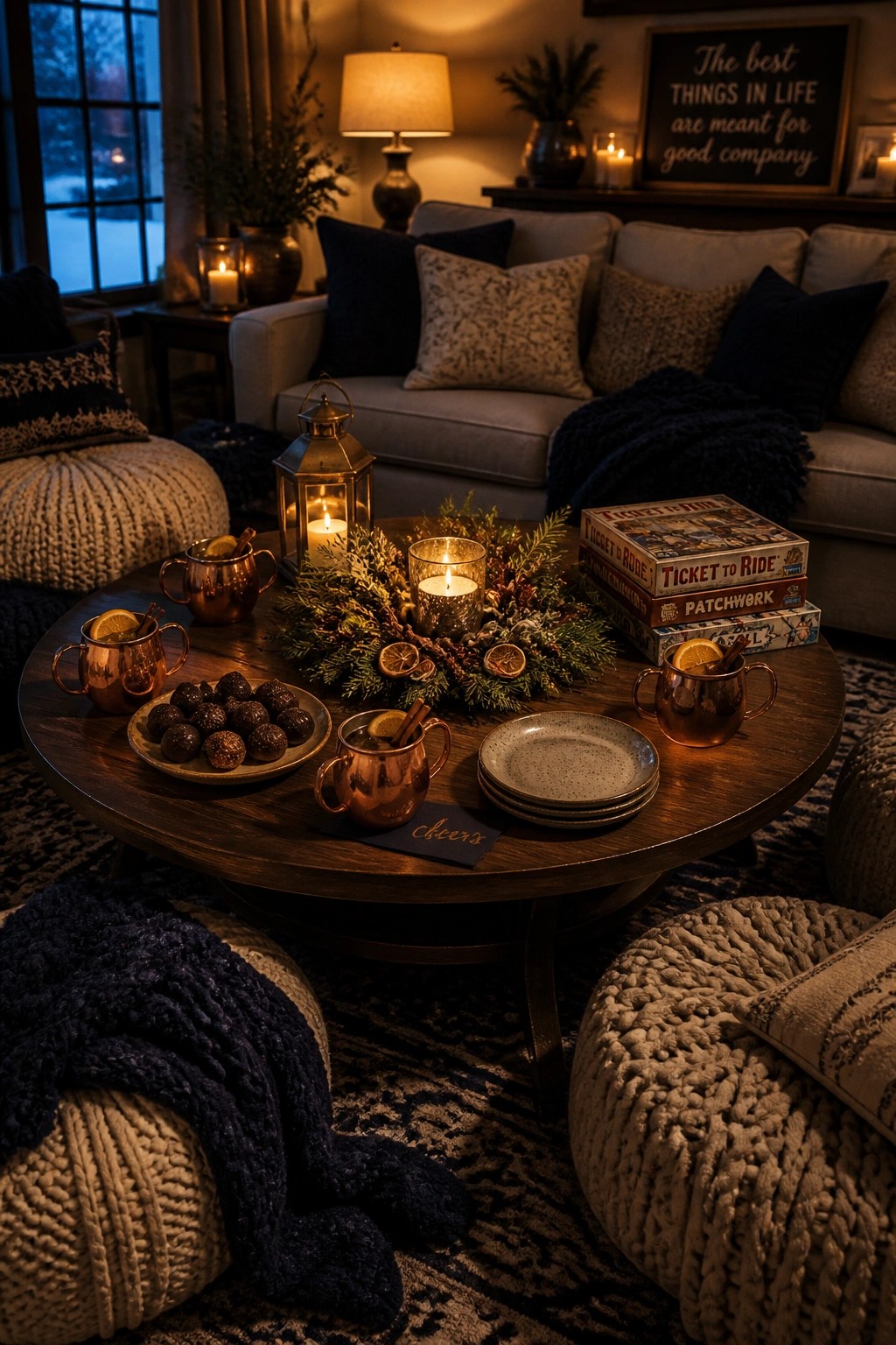 A round wooden coffee table in a living room holds copper mugs, lit candles, a greenery wreath, a plate of chocolate truffles, and a stack of board games, with knitted poufs and a sofa nearby.