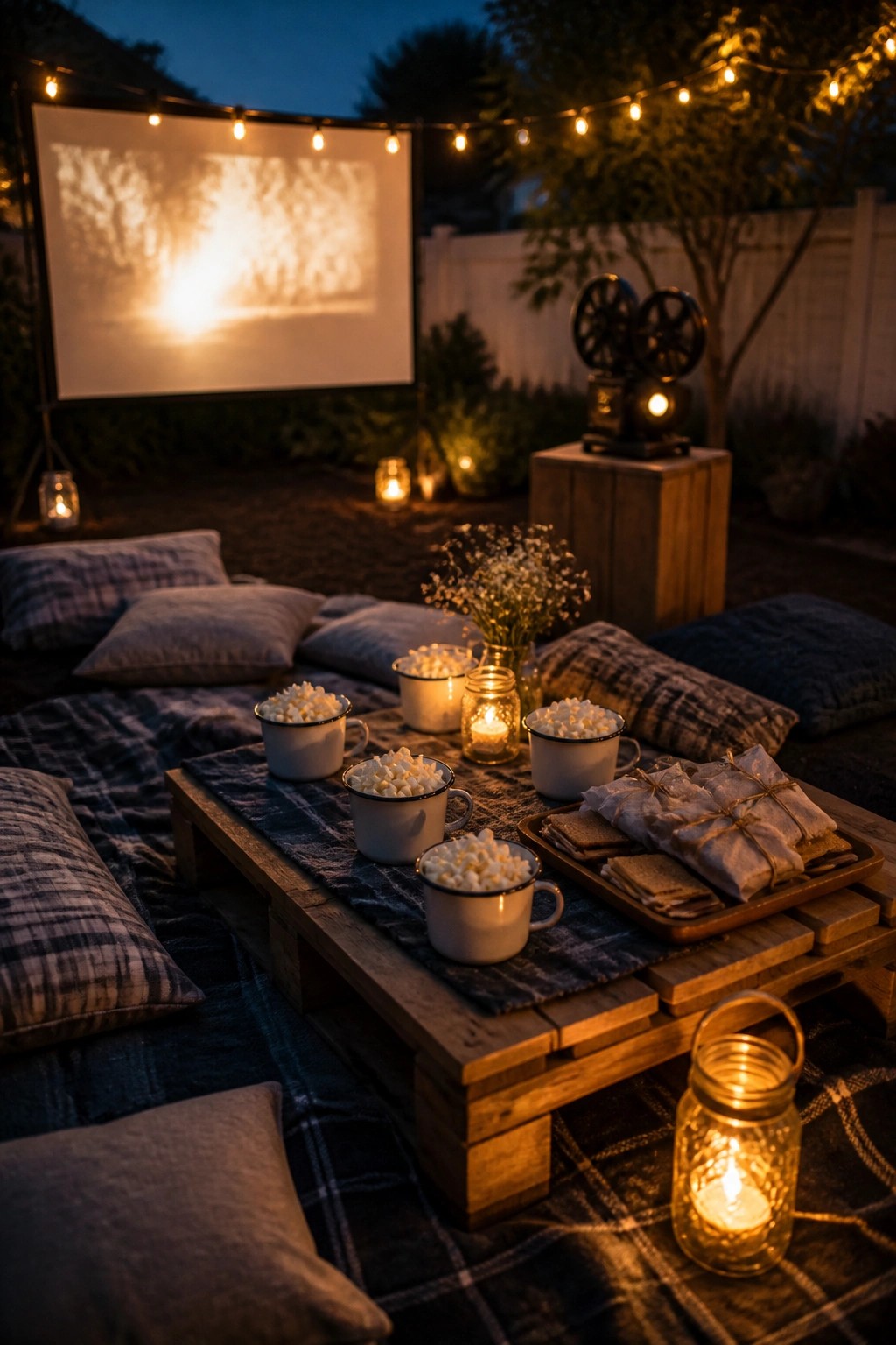 An outdoor backyard scene at dusk with a projector screen, string lights, blankets and pillows on the ground, and a low wooden table holding white mugs of marshmallows and s'mores supplies.