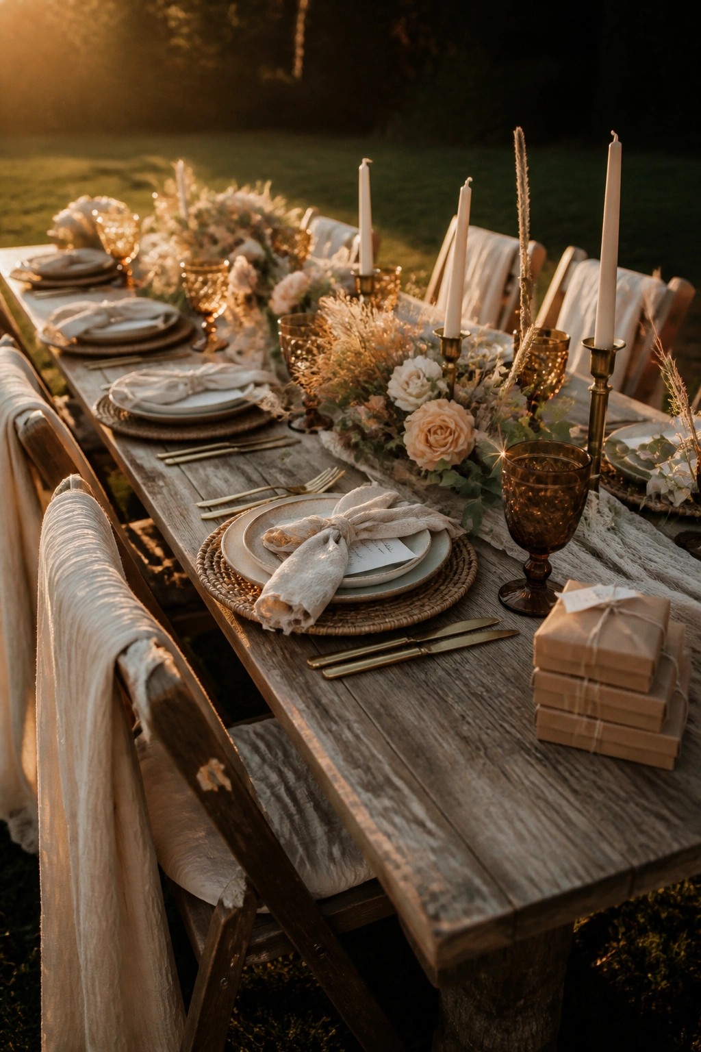 A long wooden table outdoors set for a meal with plates, folded napkins, flowers, glassware, and multiple tall white candles during golden hour.