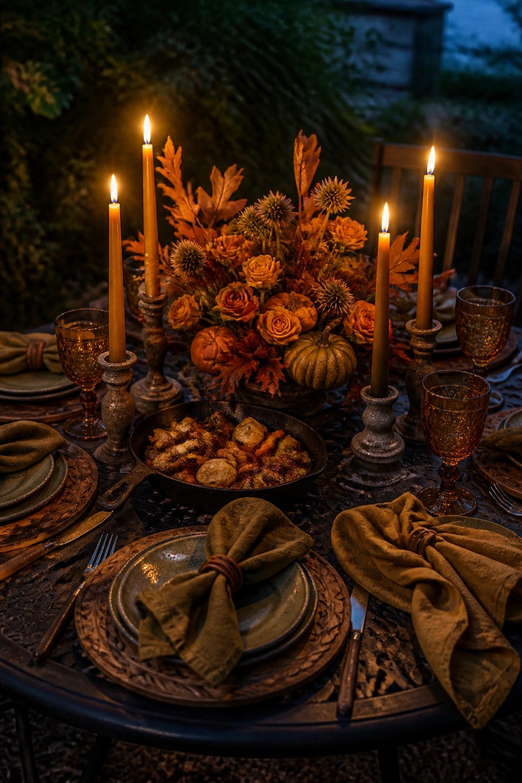 An outdoor evening table set with glowing tall candles, autumn floral centerpiece, stacked plates, and a cast iron skillet in the center.