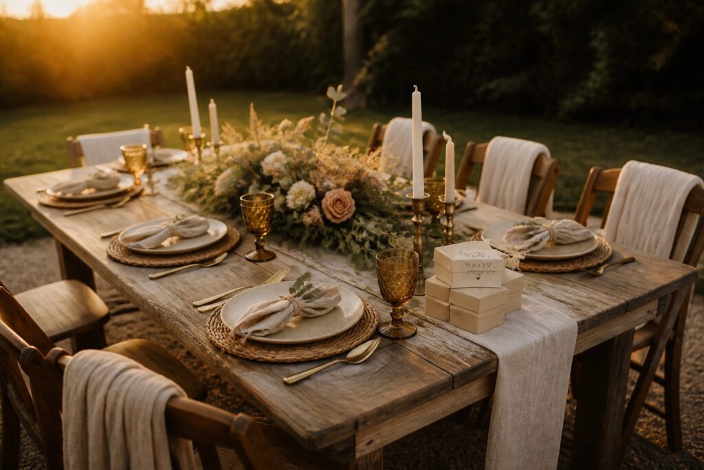 20 Creative Small Engagement Party Ideas That Feel Intimate and Special A long wooden table outdoors set for a meal with plates, folded napkins, flowers, glassware, and multiple tall white candles during golden hour.