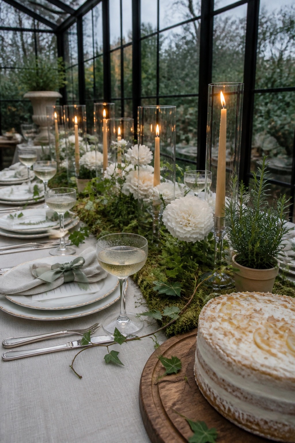 A long table set for a meal with white plates, wine glasses, a moss runner covered in white flowers and tall candles in glass holders, and a white cake on a wooden board in front.