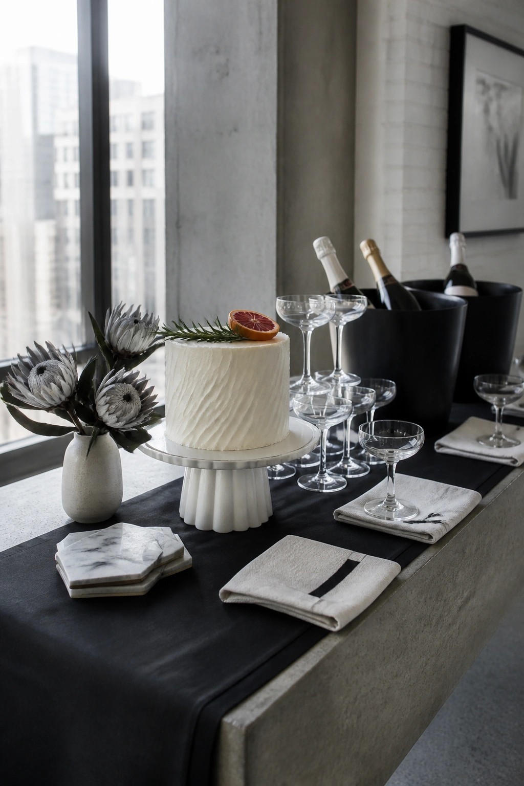 A white textured cake on a pedestal stand is placed on a long black table runner beside a vase of protea flowers, marble coasters, folded napkins, coupe glasses, and black buckets holding champagne bottles.