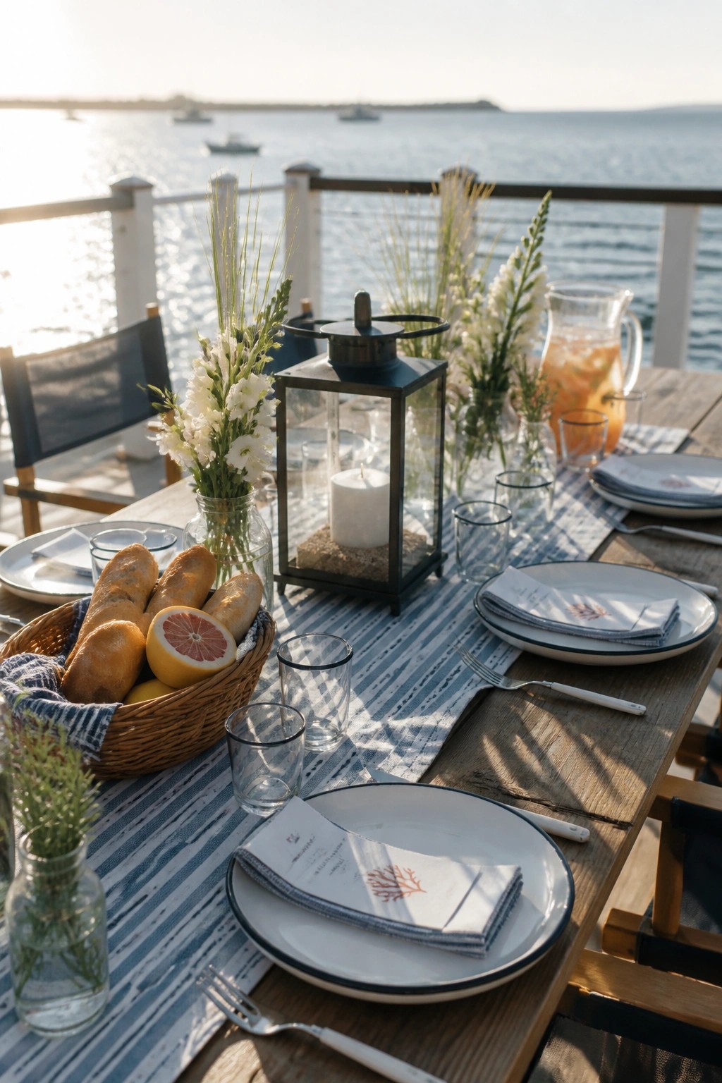 A wooden table set for dinner with white plates, blue striped linens, a bread basket, flowers in glass jars, and a lantern, positioned outdoors overlooking the water at sunset.