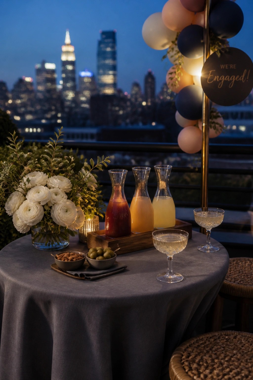 A round table on a balcony holds three glass carafes of beverages in a wooden tray, two coupe glasses, small bowls of snacks, and a vase of white flowers, with balloons and an engagement sign visible against a city skyline at dusk.