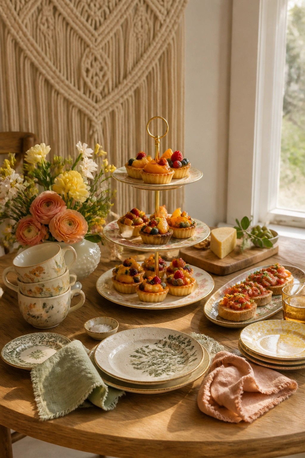 A three-tiered stand holding fruit tarts stands on a wooden table next to a platter of bruschetta, stacked floral teacups, and a flower arrangement.