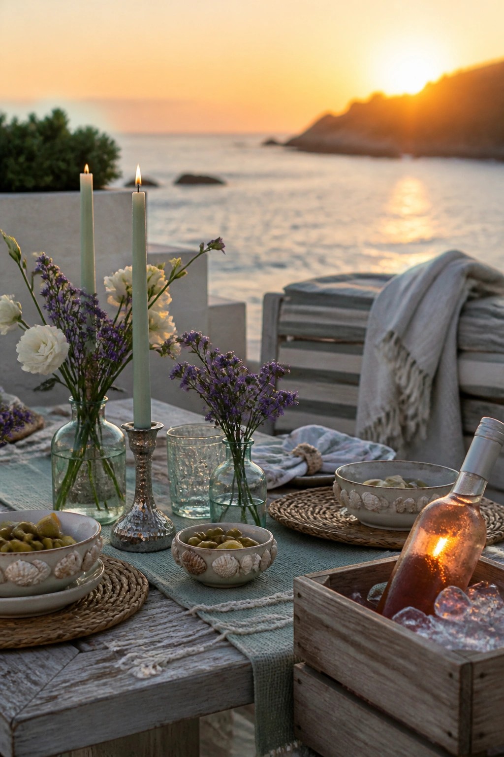 A wooden outdoor table is set with lit candles, flowers in glass vases, bowls of olives, and a bottle of wine in ice, overlooking the ocean at sunset.