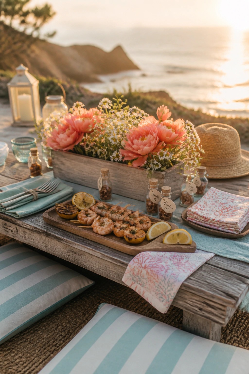 A wooden table outdoors with grilled shrimp skewers on a board, a rectangular wooden box filled with pink flowers and daisies, and an ocean view at sunset.