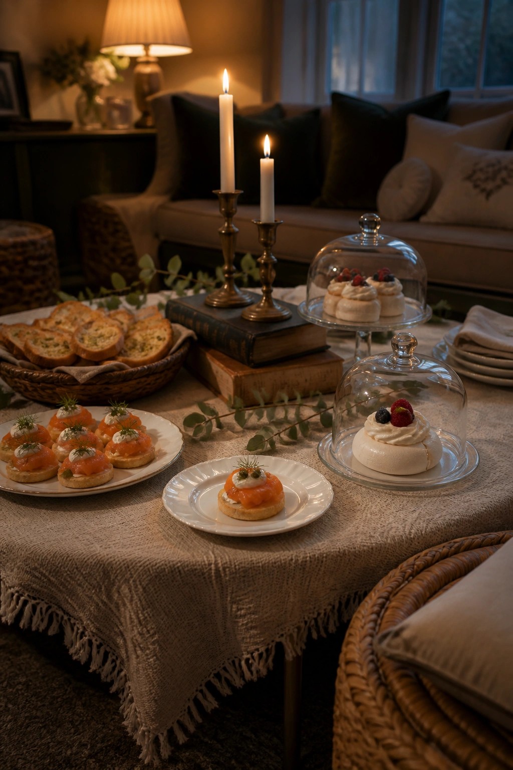 A cozy indoor table with appetizers, books, lit candles, and small desserts displayed under glass cloches.
