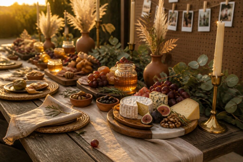 20 Delicious Engagement Party Food Ideas Guests Will Rave About A long wooden table holds an assortment of cheeses, grapes, figs, nuts, honey jars, and bowls of olives, with lit candles and string lights in the background at dusk.