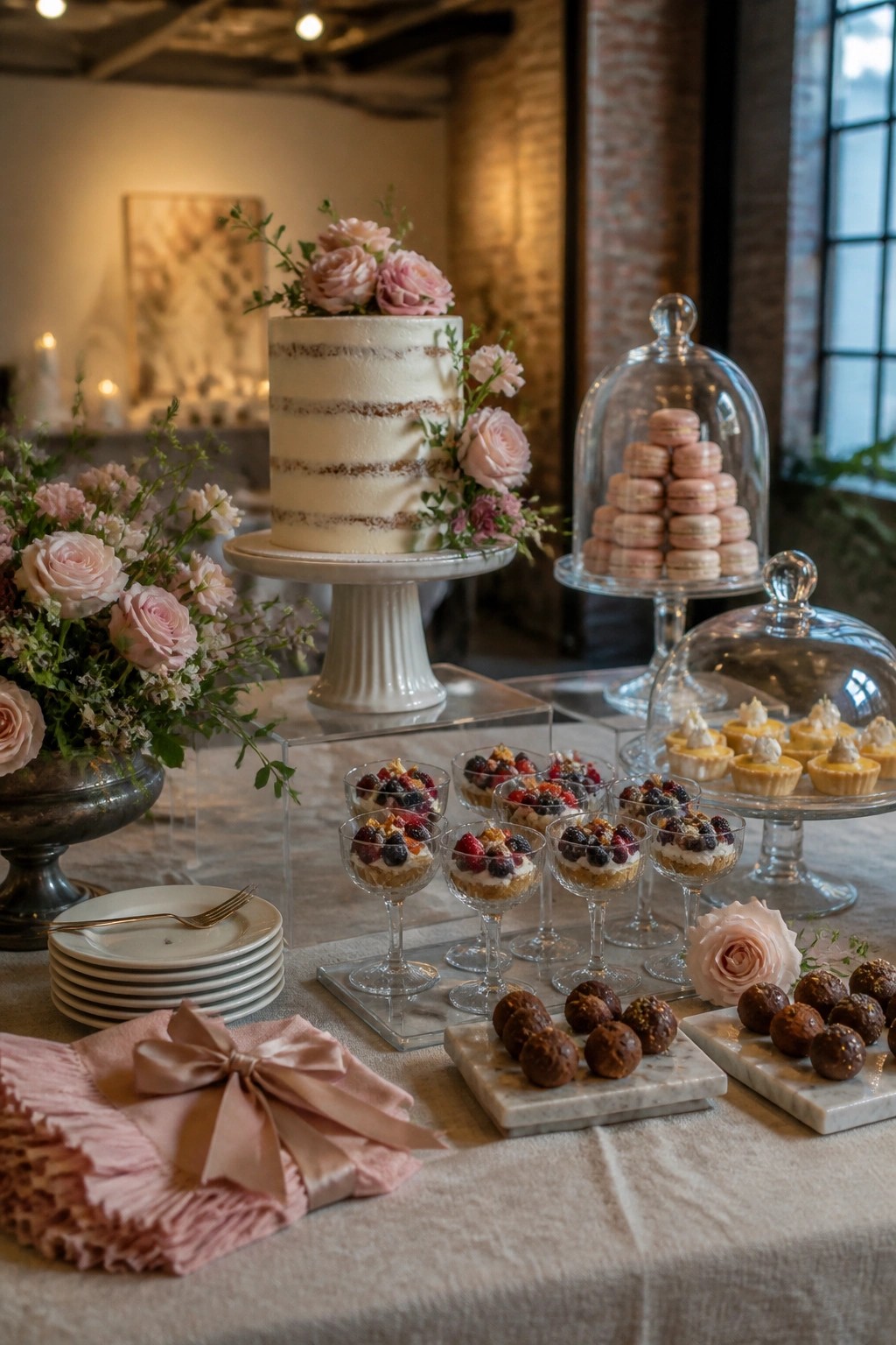 A dessert table features a white tiered cake on a pedestal, macarons under glass cloches, berry parfaits in stemmed glasses, chocolate truffles on marble slabs, and pink floral arrangements.