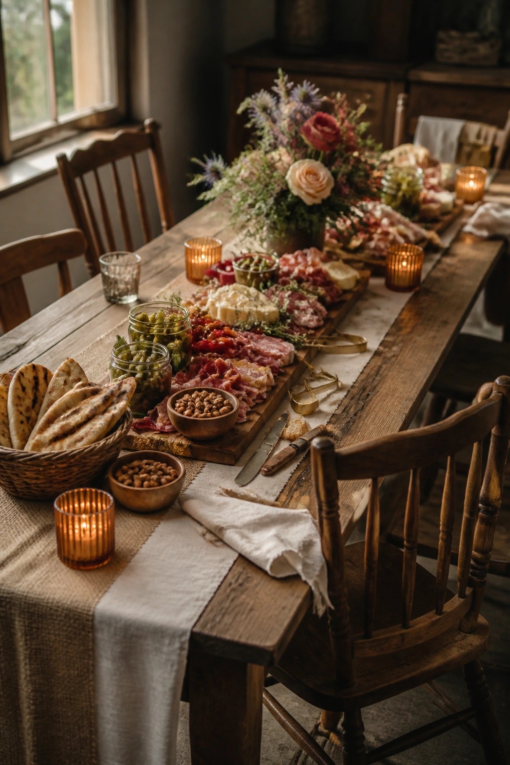 A long wooden dining table covered with a linen runner holds multiple charcuterie boards filled with cheeses, cured meats, breads, and small bowls of accompaniments, with lit candles and wooden chairs around it.