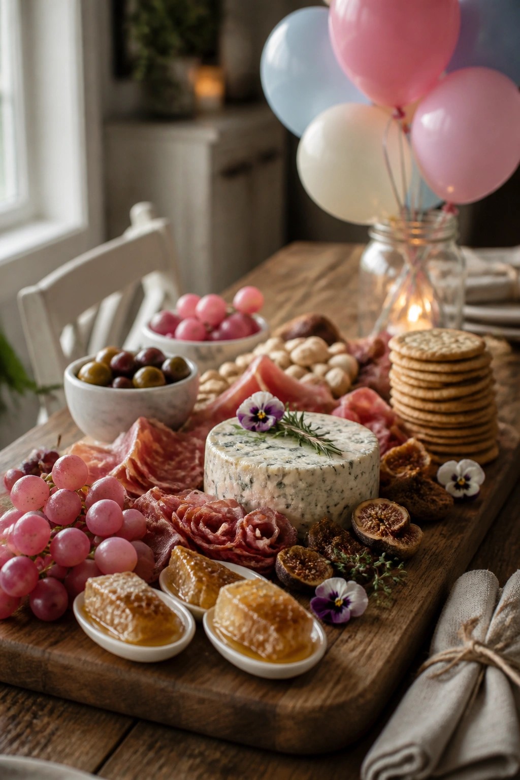 A wooden charcuterie board displays blue cheese, cured meats, pink grapes, figs, honey, olives, nuts, crackers, and edible flowers with pink and blue balloons visible in the background.