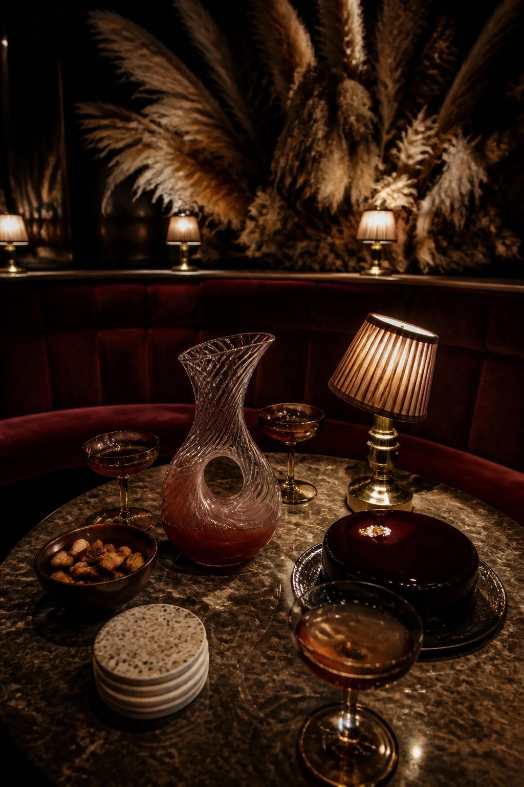 Twisted glass decanter, coupe cocktails, lamp, and snacks on marble table with red velvet.