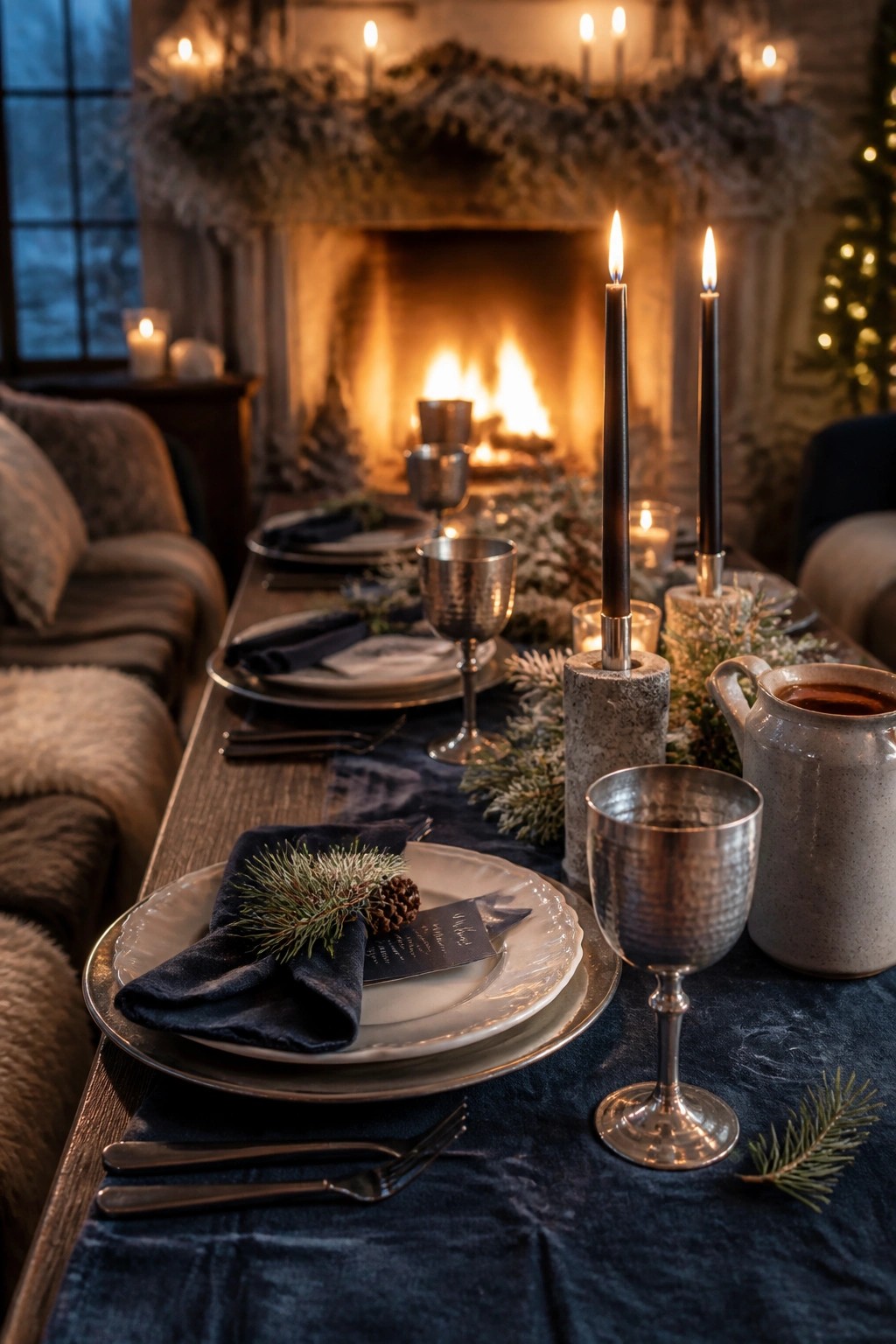 A wooden dining table set for dinner with white plates, dark blue napkins, silver goblets, tall black candles, and greenery, positioned in front of a lit fireplace.