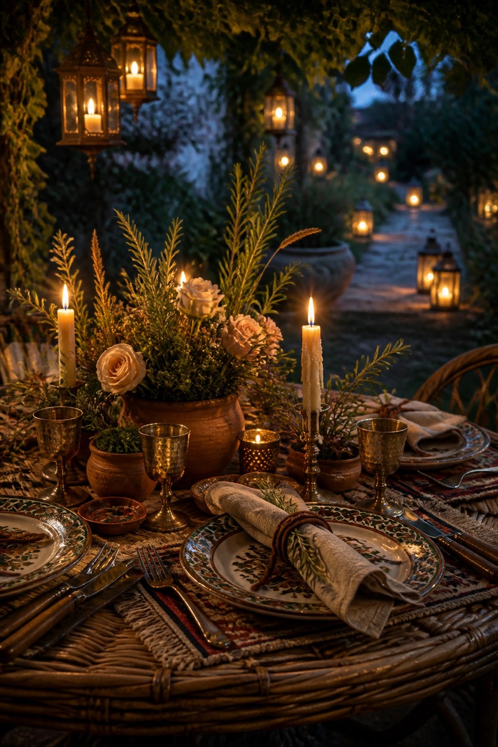 Candlelit garden table with white roses, lanterns, goblets, and ornate plates at dusk.