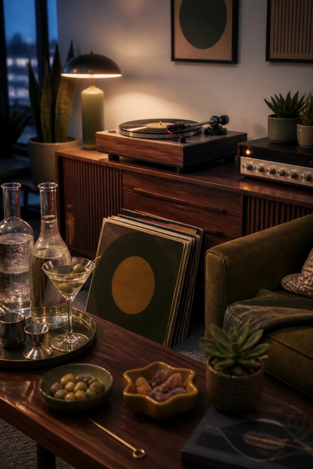 Cozy mid-century room with turntable, vinyl records, martini, olives, and snacks.