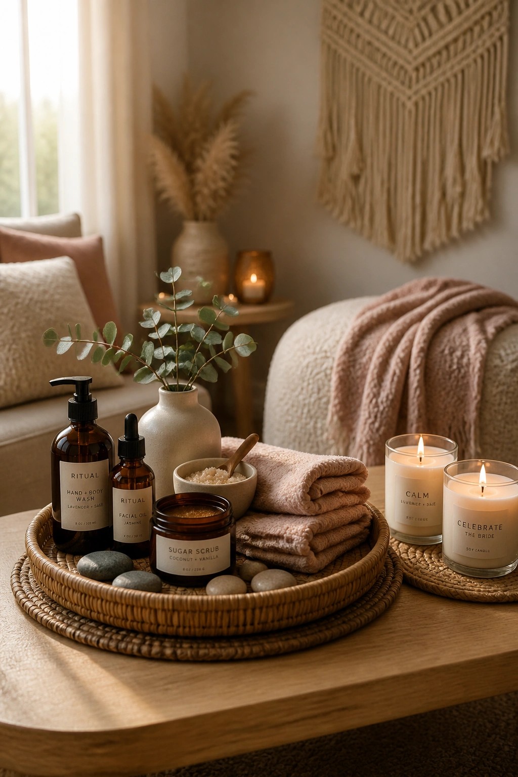 A round woven tray on a wooden table holds brown bottles, a sugar scrub jar, folded pink towels, smooth stones, and a small vase with greenery, next to two lit candles.