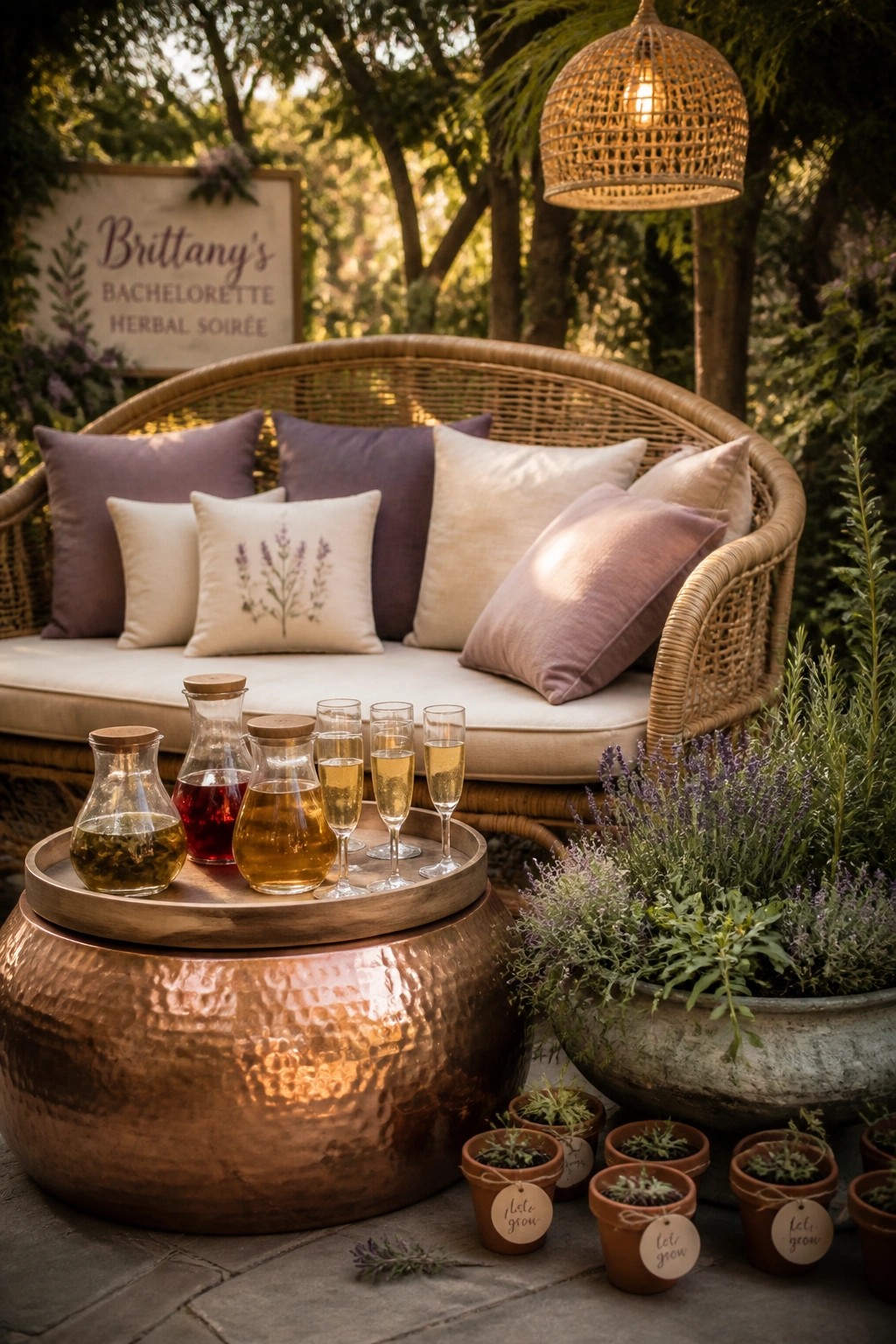 An outdoor lounge area with a rattan sofa, cushions, glasses of drinks on a tray, and potted herbs around a copper container.