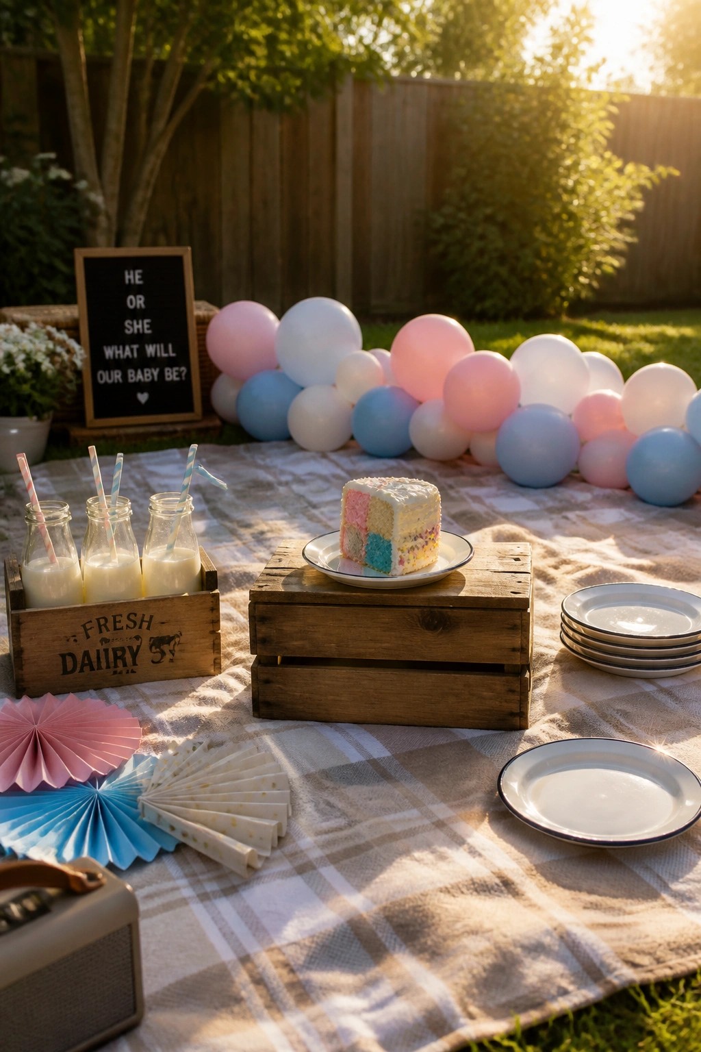 A slice of pastel-colored gender reveal cake on a plate rests on stacked wooden crates over a plaid picnic blanket in a backyard, with pink and blue balloons visible behind it.