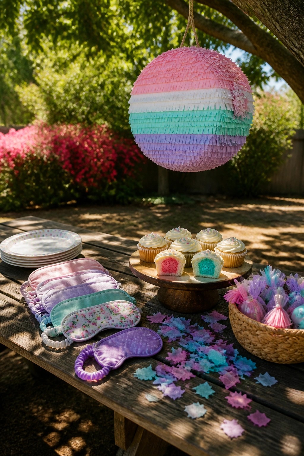 A large round piñata with pastel stripes hangs above a wooden table holding gender reveal cupcakes, sleep masks, star confetti, and favor bags in an outdoor garden setting.