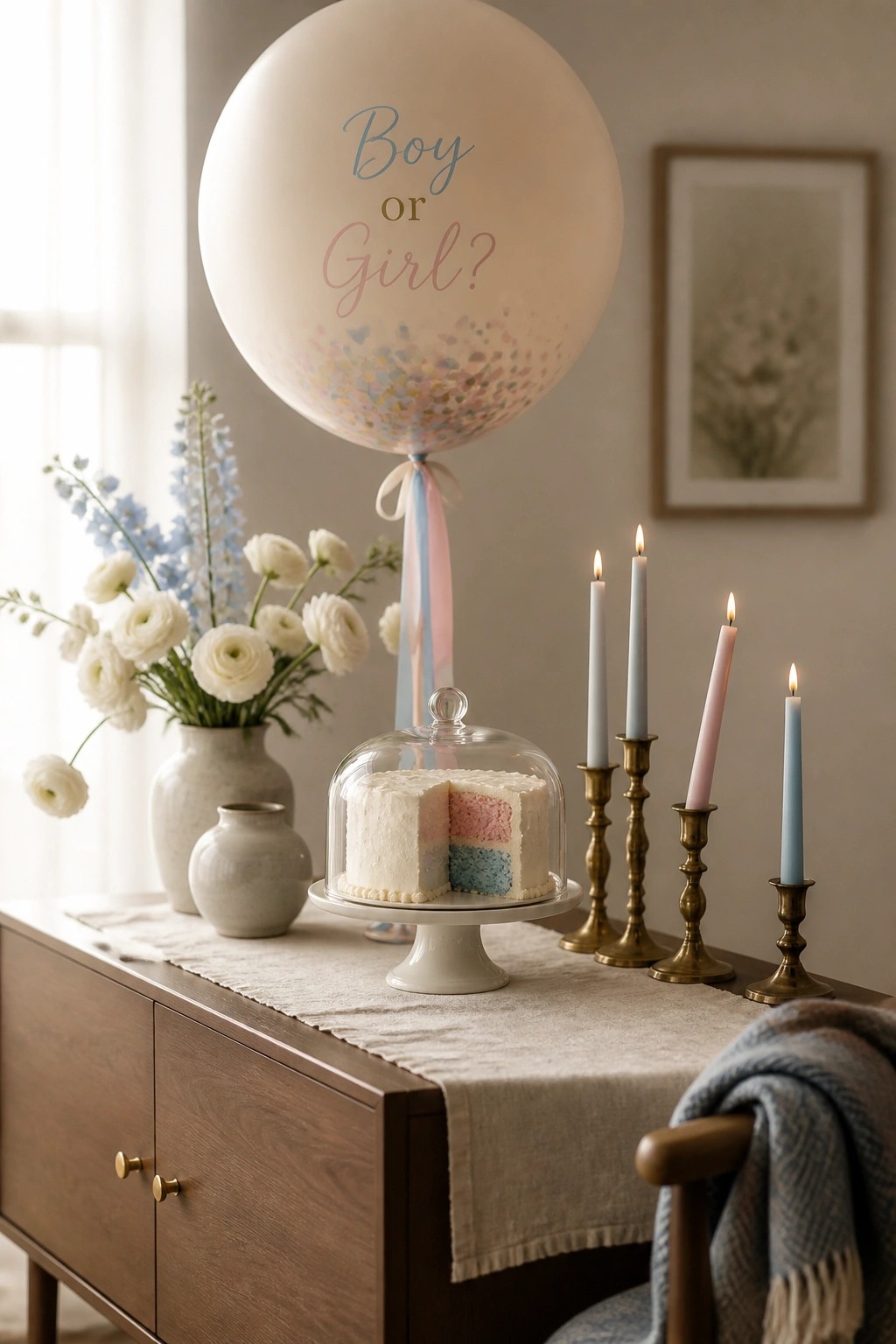 A wooden sideboard holds a large white balloon printed with