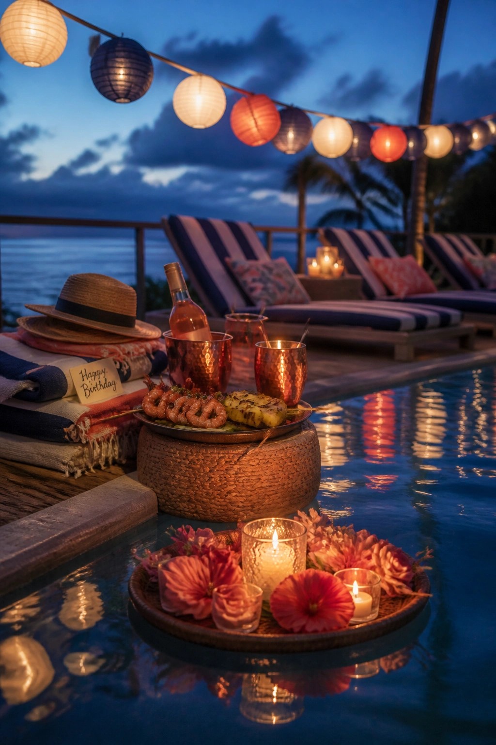 A dusk poolside birthday setup with string lights overhead, striped lounge chairs, food and drinks on a woven stool, and a floating tray of flowers and lit candles in the pool.