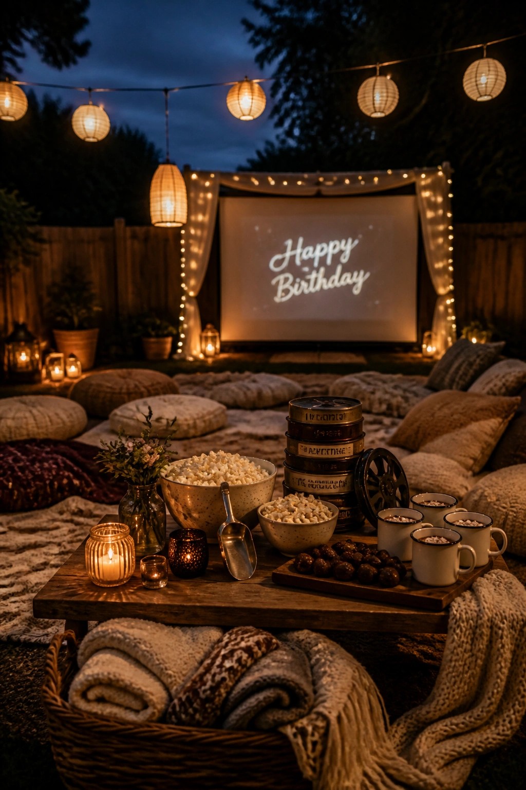 An outdoor evening setup in a backyard with a large projector screen, string lights, lanterns, bowls of popcorn on a wooden table, and blankets arranged on the grass.