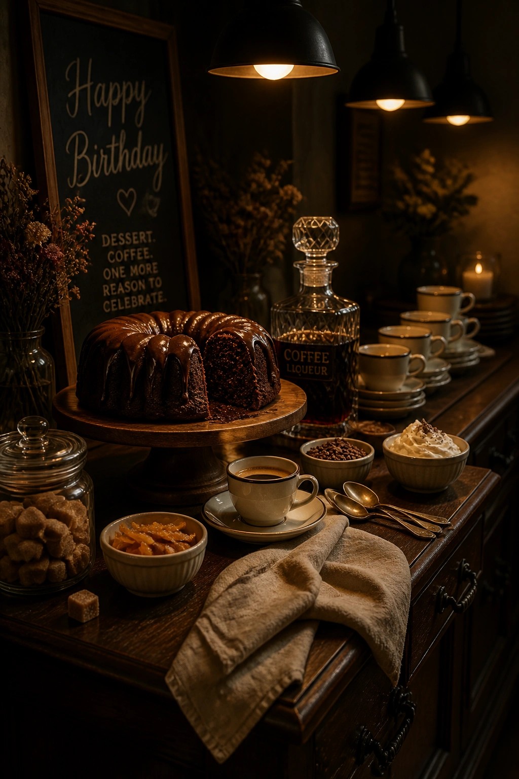 A chocolate bundt cake with a slice removed sits on a wooden cake stand next to a glass bottle of coffee liqueur, coffee cups, bowls of toppings, and a chalkboard sign reading Happy Birthday.