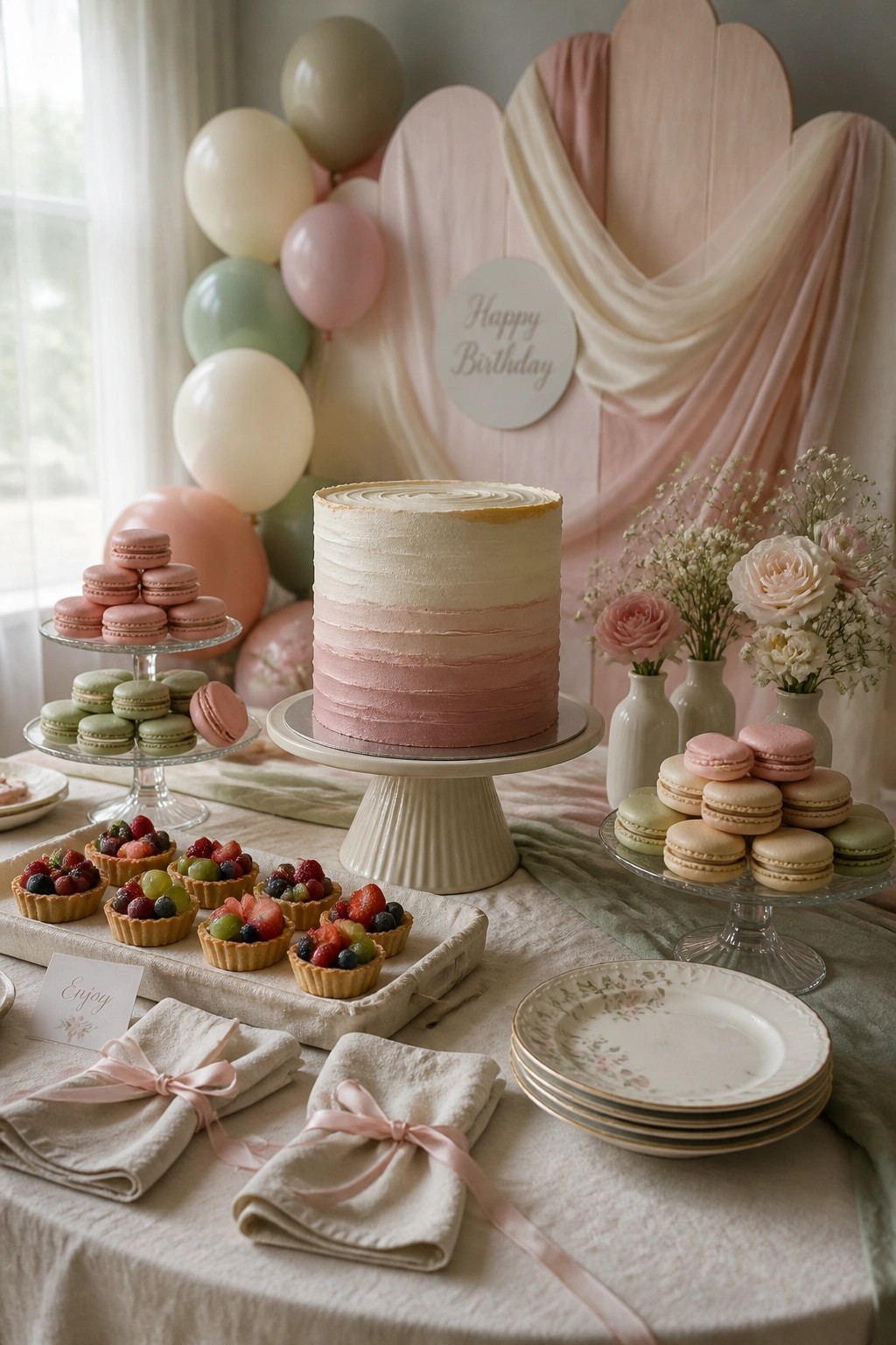 A round table displays a pink and cream gradient cake on a stand, surrounded by macarons, fruit tarts, folded napkins with pink ribbons, stacked plates, and a balloon backdrop.